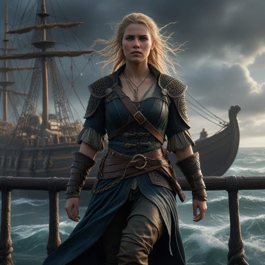 Viking Pirate Maiden Poses Heroically Amidst Stormy Harbour