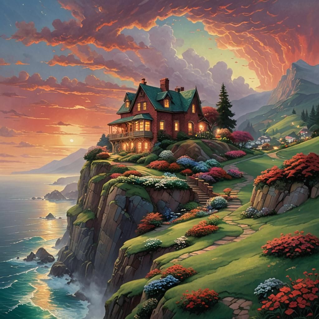 Cozy House on Cliffside with Red Sky