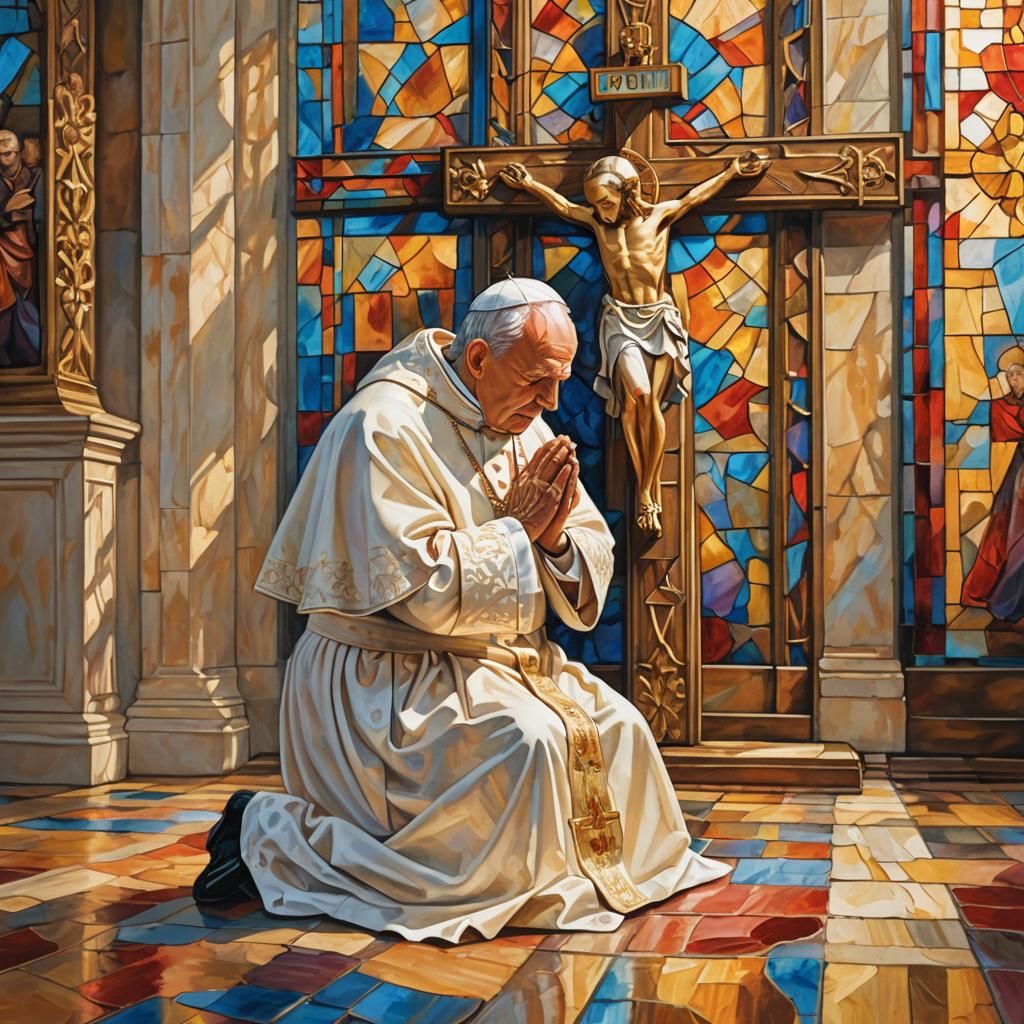 Pope John Paul II Praying: Gouache Impressionism