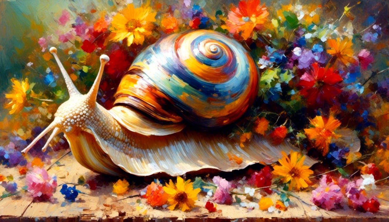 Impressionistic Snail Shell Still Life in Garden