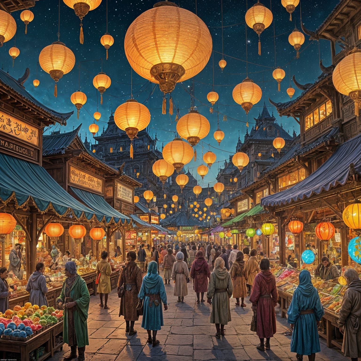 Alien Market Twilight Scene with Exotic Creatures