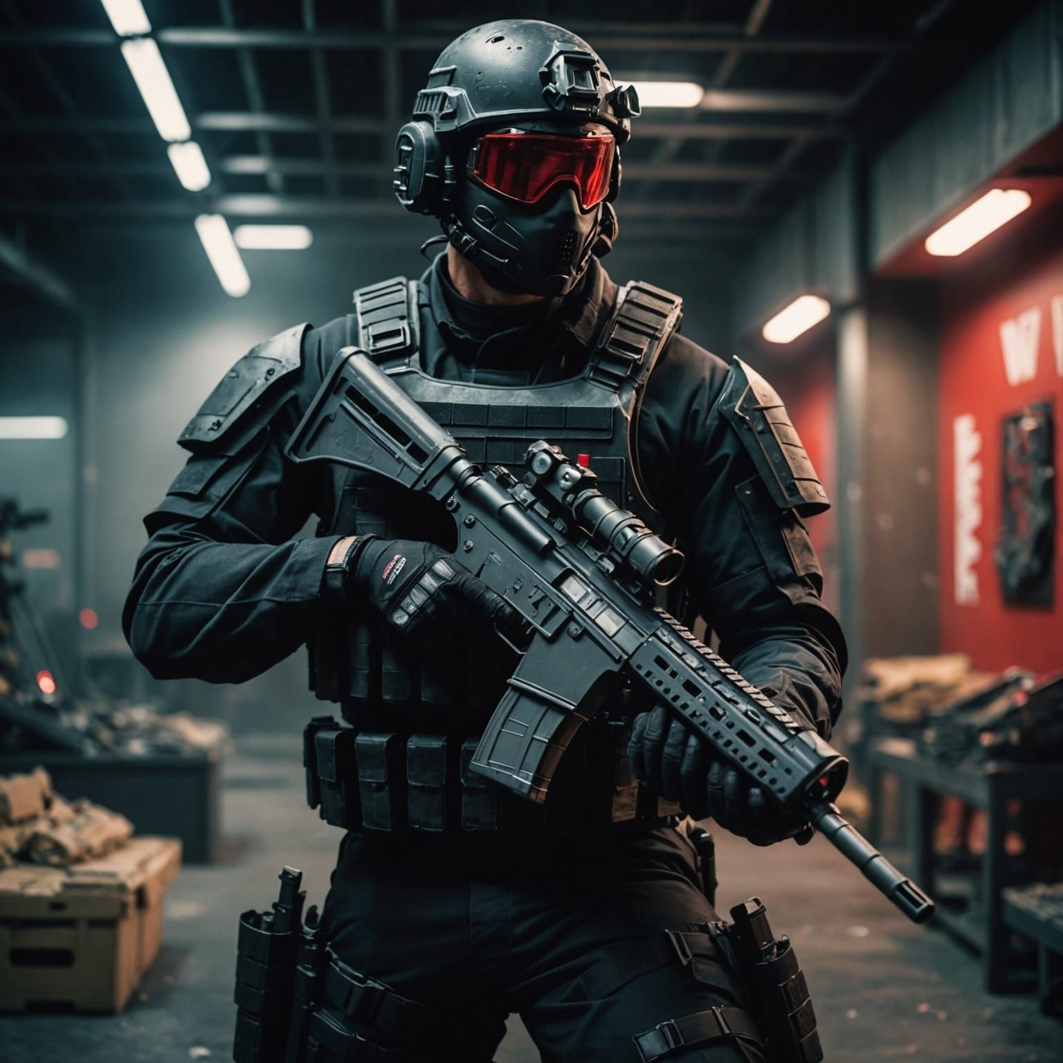Tactical Soldier in Black Armor with Red Visor