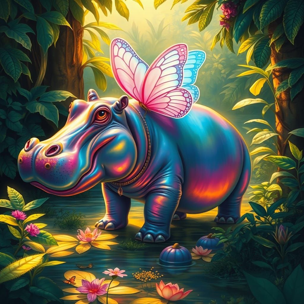 Surreal Hippopotamus Unfurls Butterfly Wings in Lush Jungle