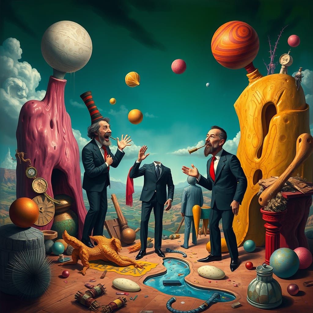 Surreal Figures Altering Dreamlike Landscape in Digital Pain...