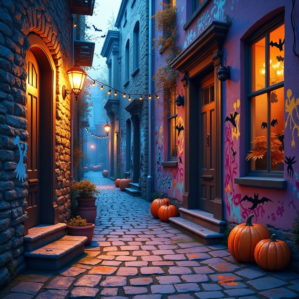 Halloween Cityscape Street Art in Autumn