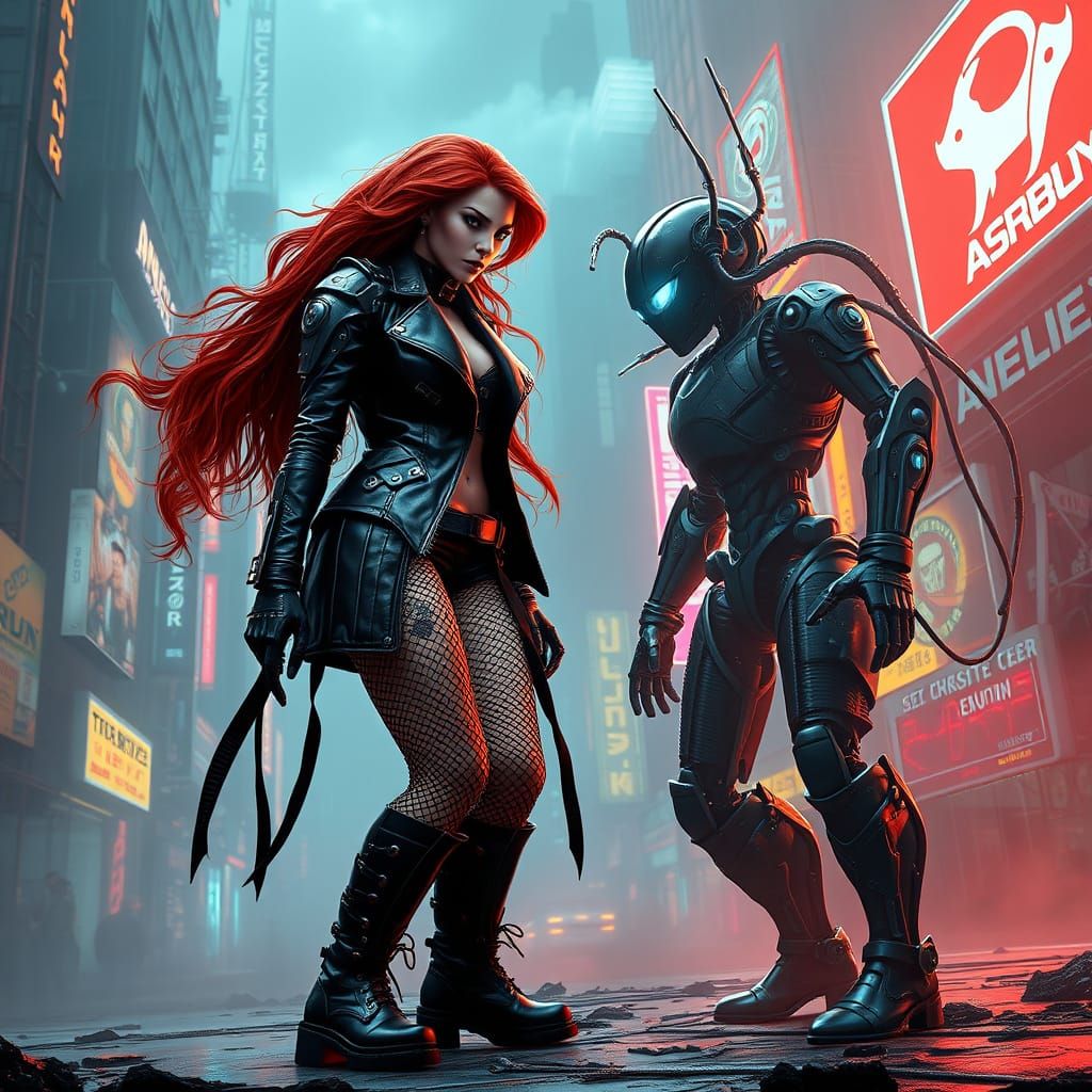 Futuristic Goth Goddess Confronts Android in Cyberpunk City