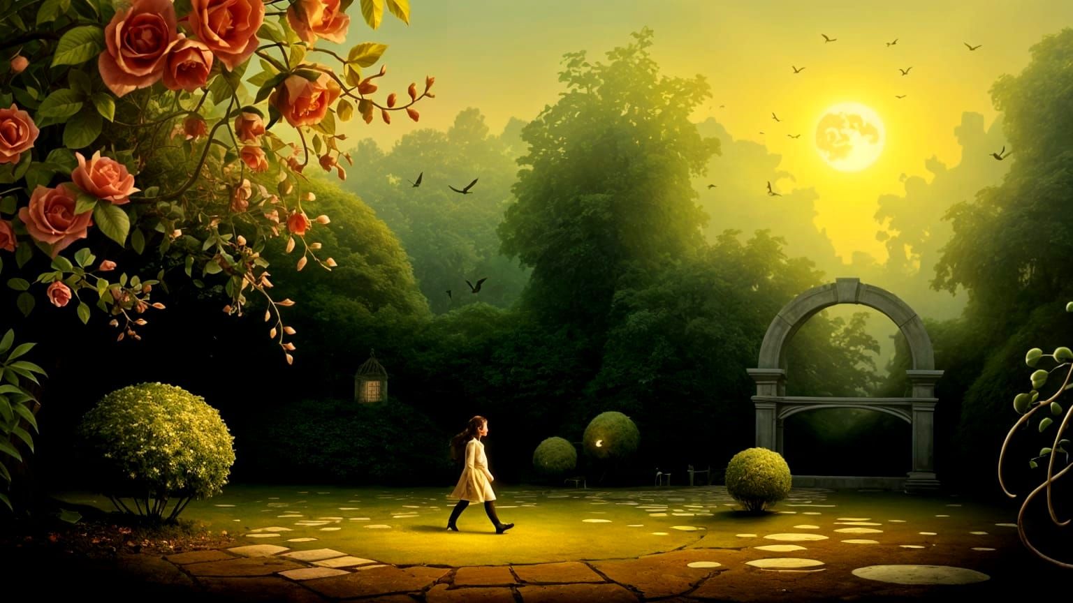 Moonlit Forgotten Garden with Wild Roses: Oil Painting