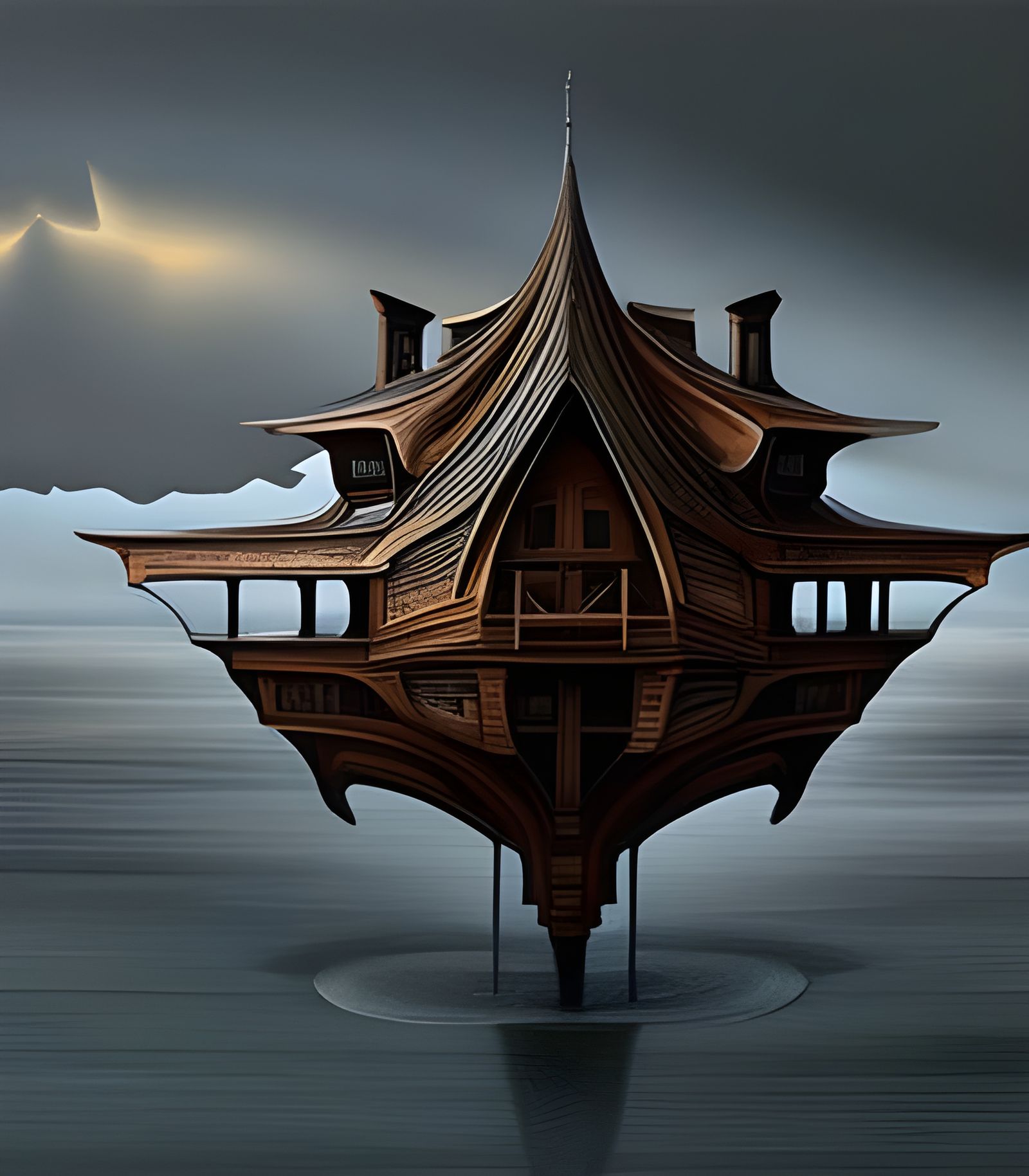 Surreal Floating Wooden House in Dark Fantasy Style