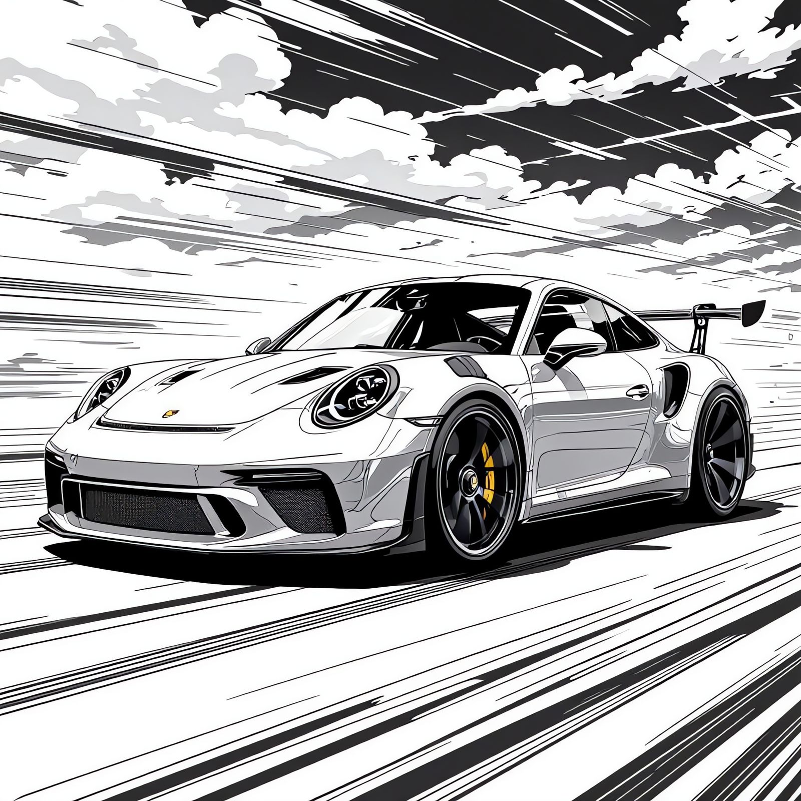 Black Ink Line Drawing of 2025 Porsche GT3 in Manga Style