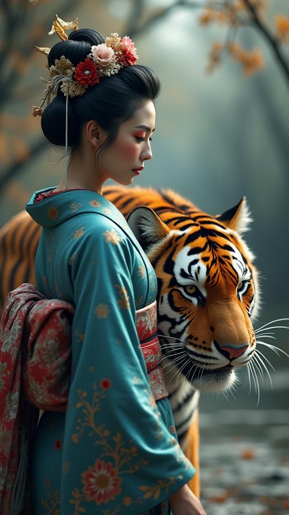 Tattooed Geisha and Tiger: Detailed Matte Painting