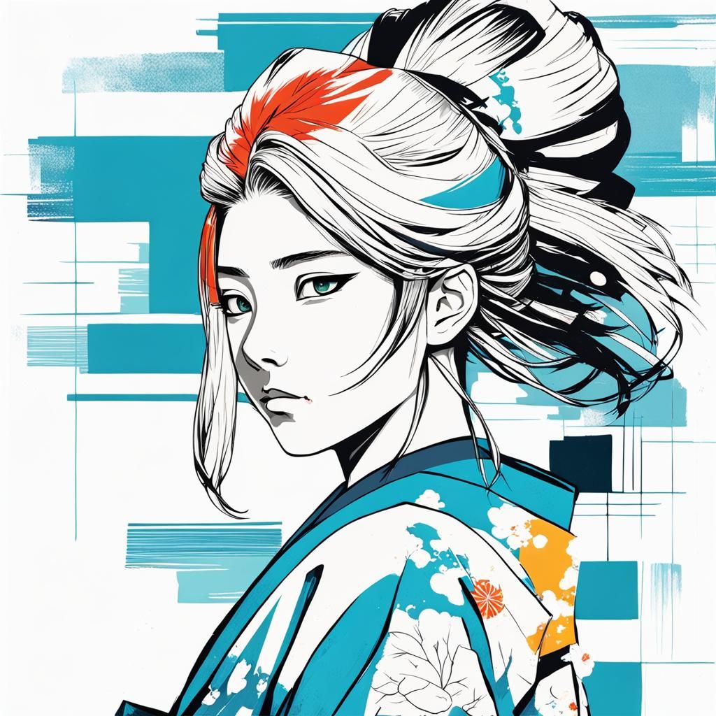 Generate a portrait of a Japanese teen who loves both ukiyo-...