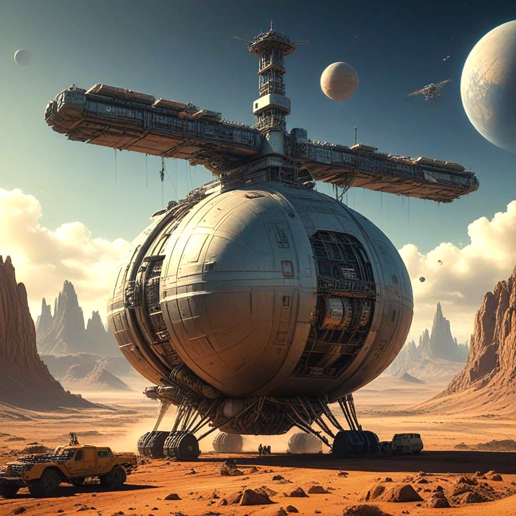 Detailed Cargo Spacecraft Above Alien Planet