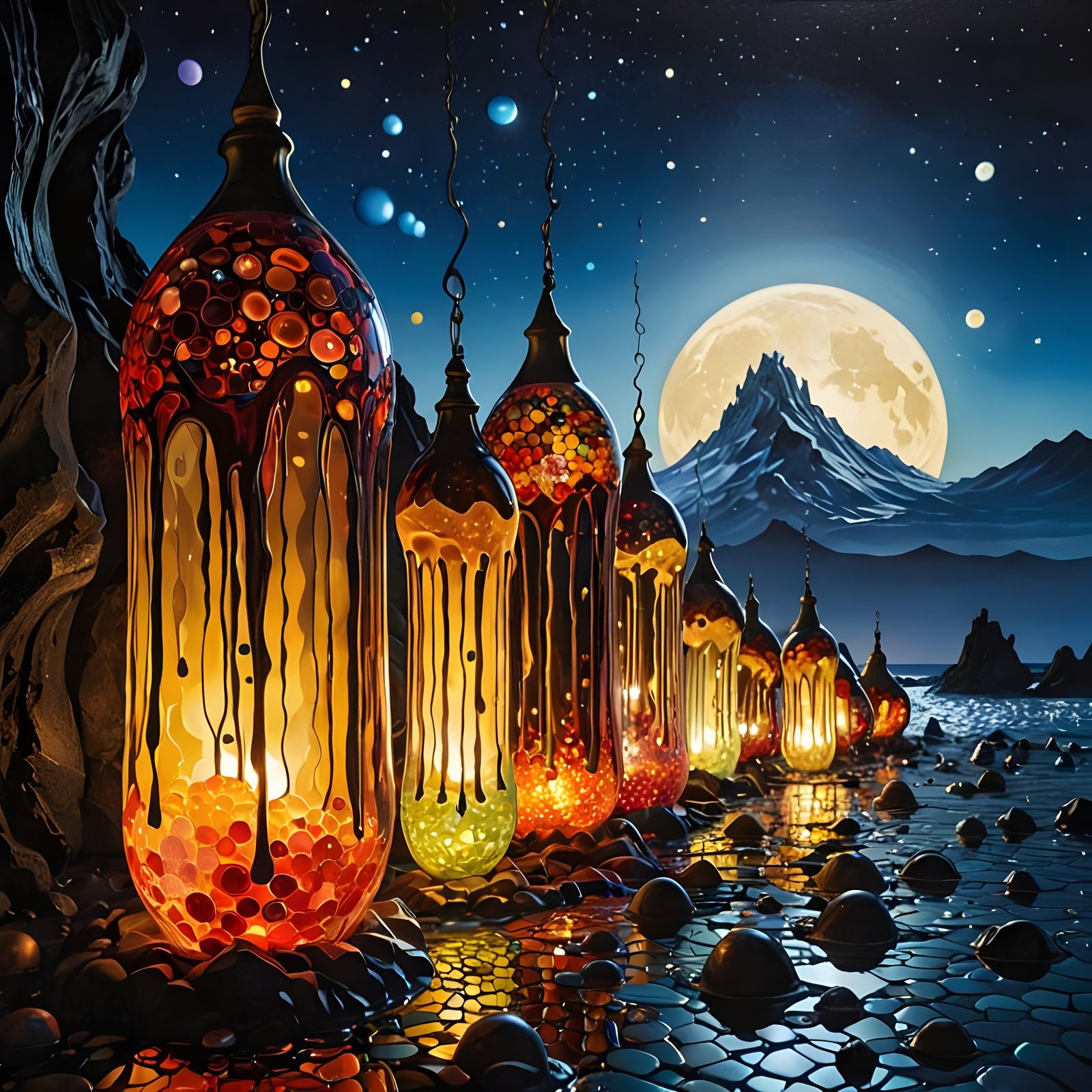 Surreal Melting Glass Orbs in Dark Fantasy Landscape