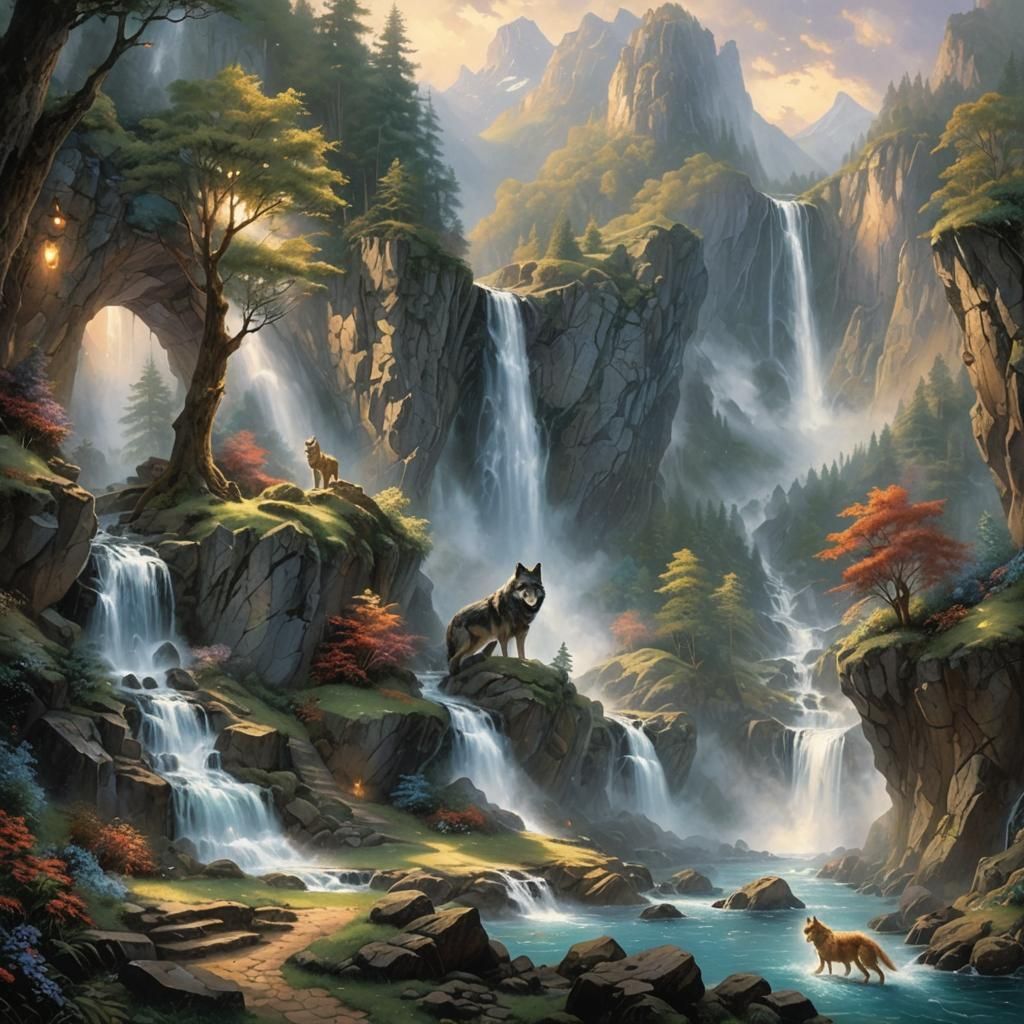 Mountain Waterfall Scene with Wolves in Ethereal Style