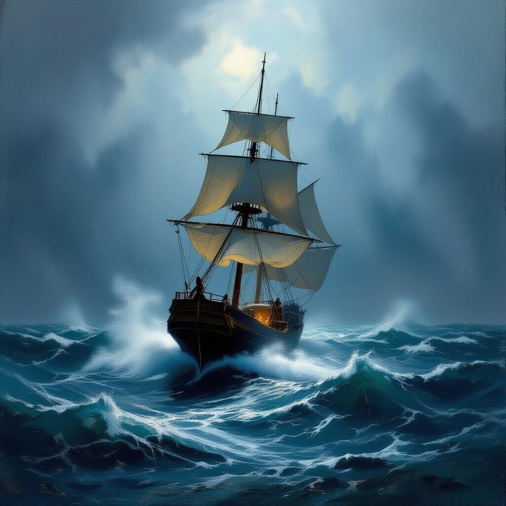 Ship Navigating Stormy Seas in Classic Painting Style