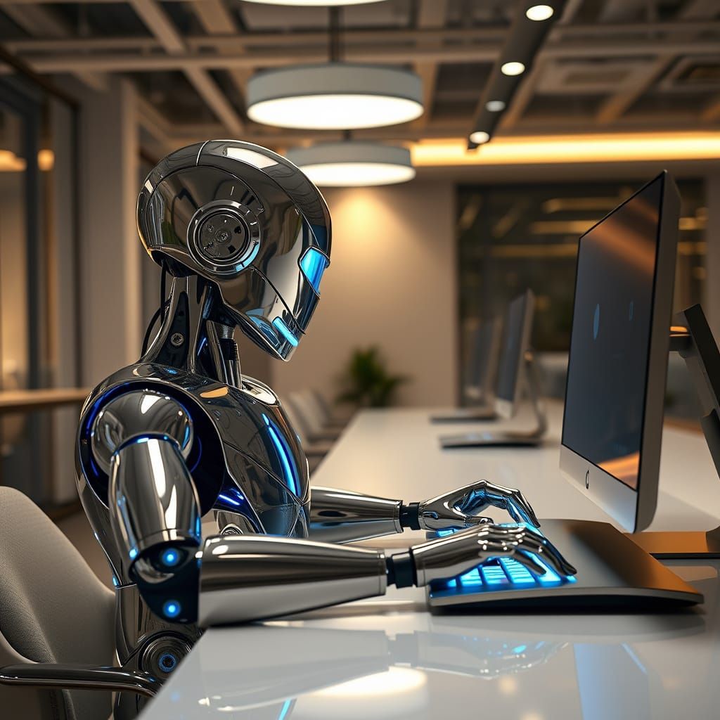 Robot Pondering at Desk in Trendy Co-working Space