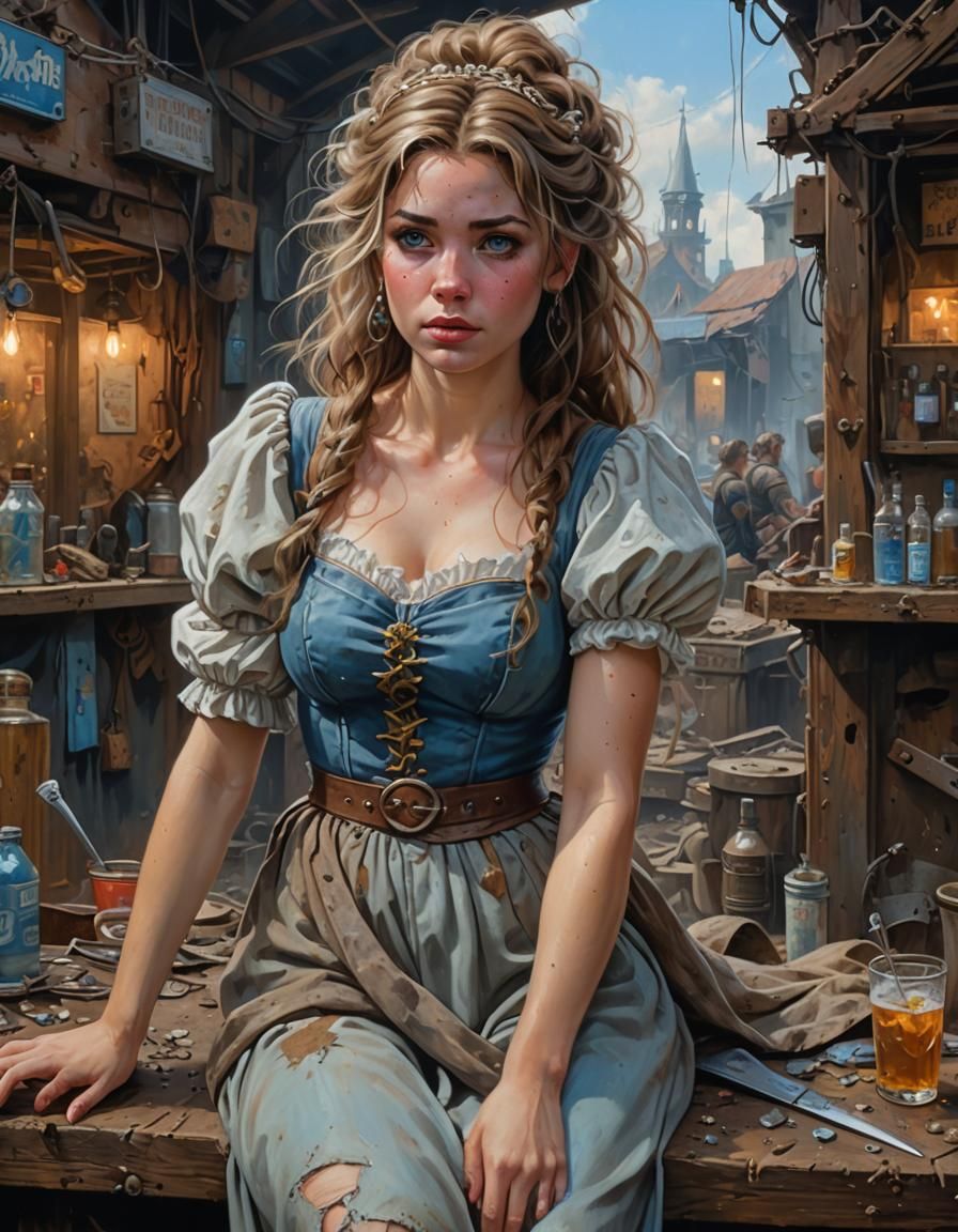 Cinderella Cleans a Post-Apocalyptic Bar, Acrylic Painting
