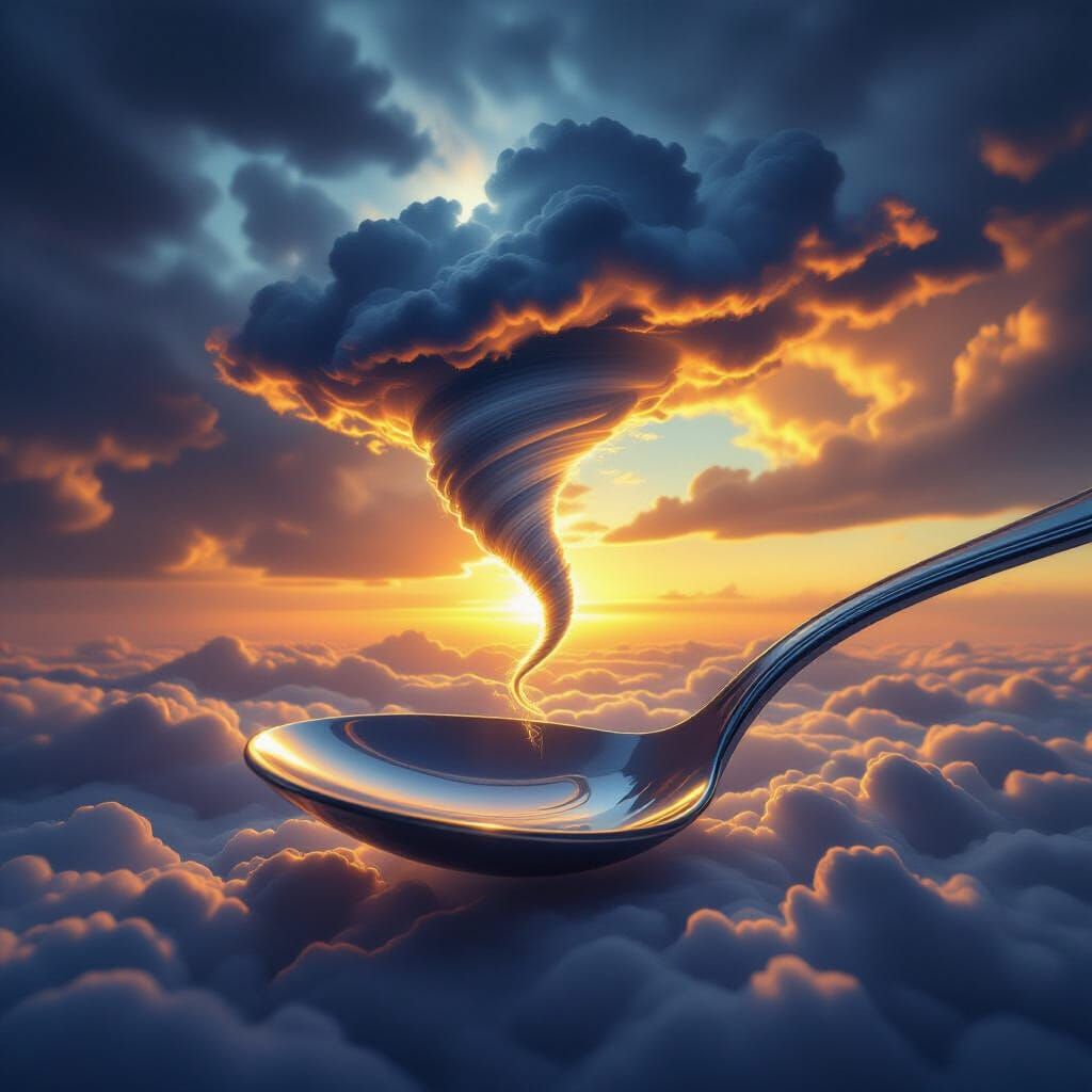 Miniature Tornado in Spoon: Hyperrealistic Cinematic Style