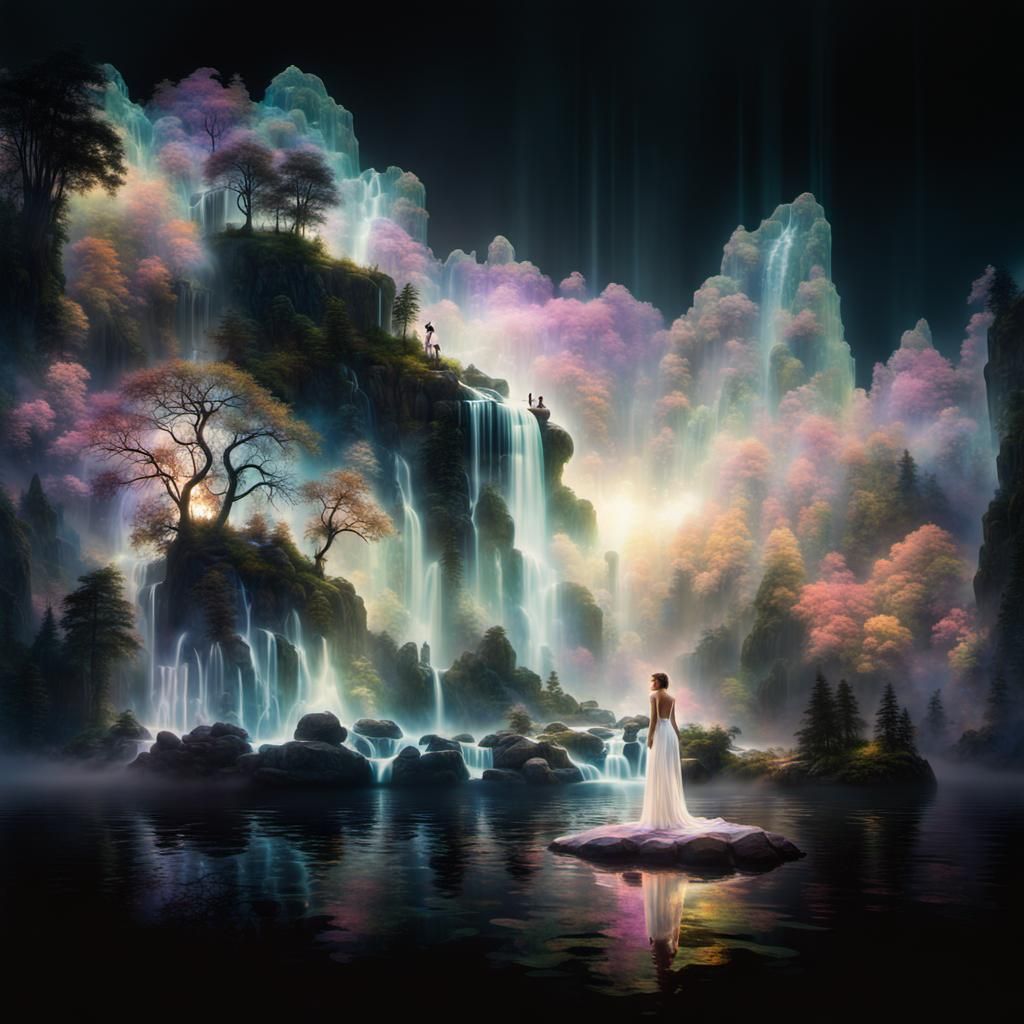 Futuristic Double Exposure: Waterfall Island Silhouette