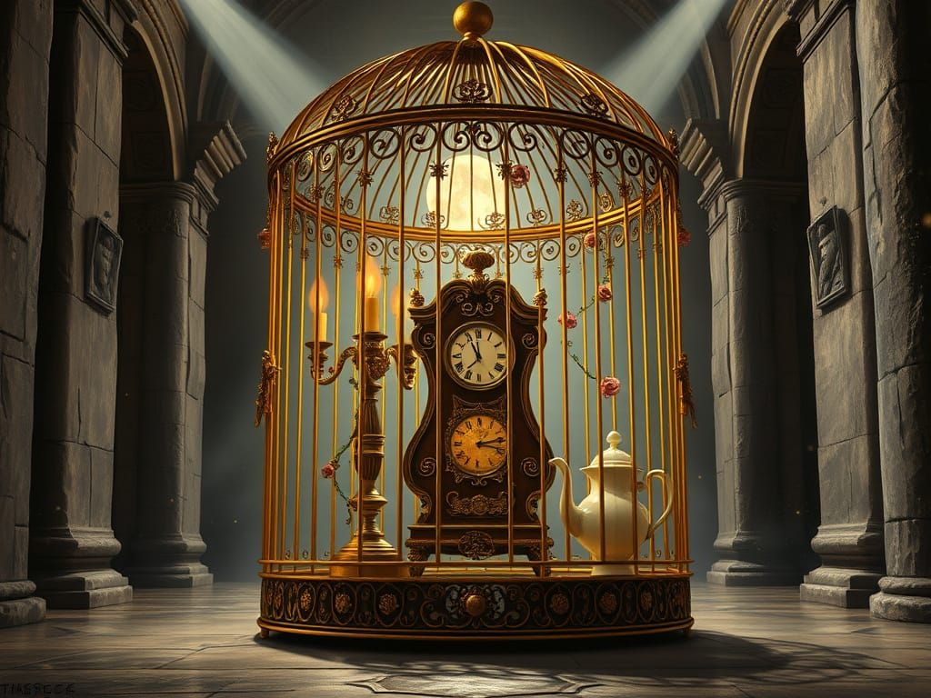 Enchanted Golden Cage in Moonlit Hall
