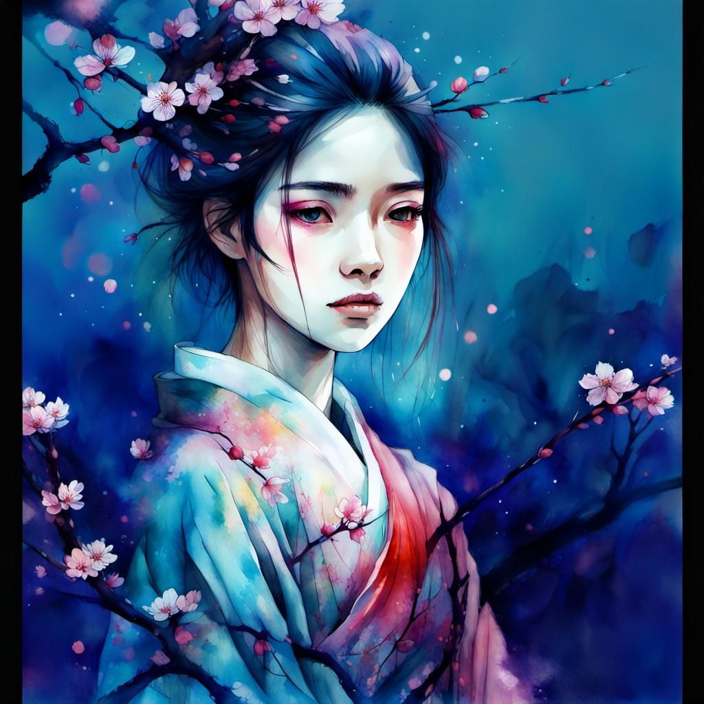 Fantasycore Portrait with Cherry Blossoms in Watercolor Styl...