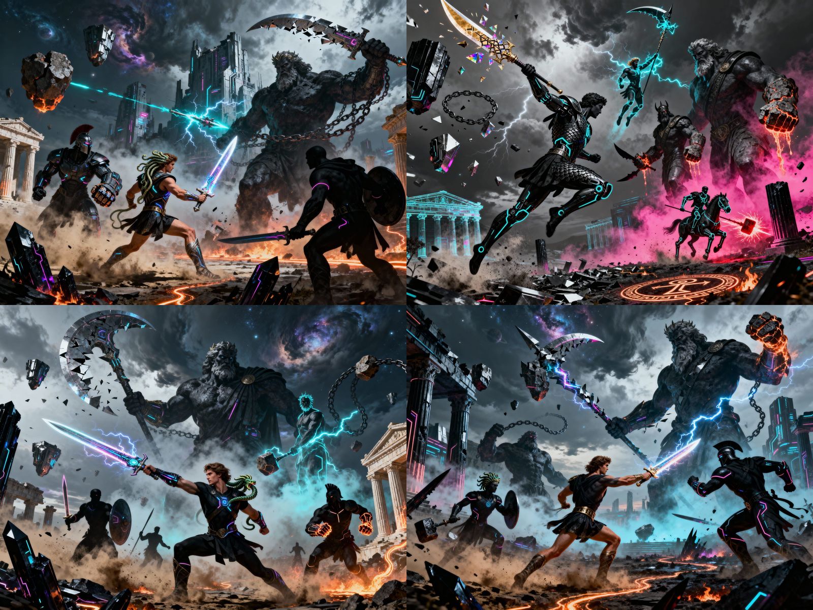 Futuristic Greek Gods Battle in Neon Glow