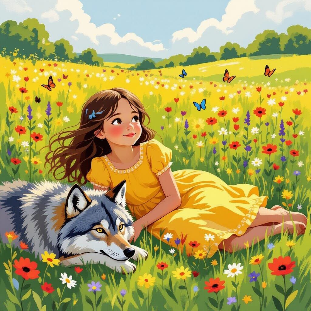 Girl and Wolf in Sunny Wildflower Field
