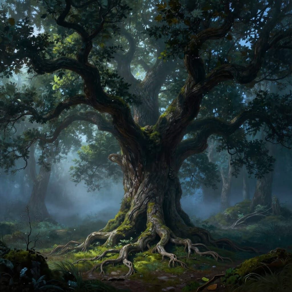 Ancient Oak in Misty Forest Clearing - Dark Fantasy Art