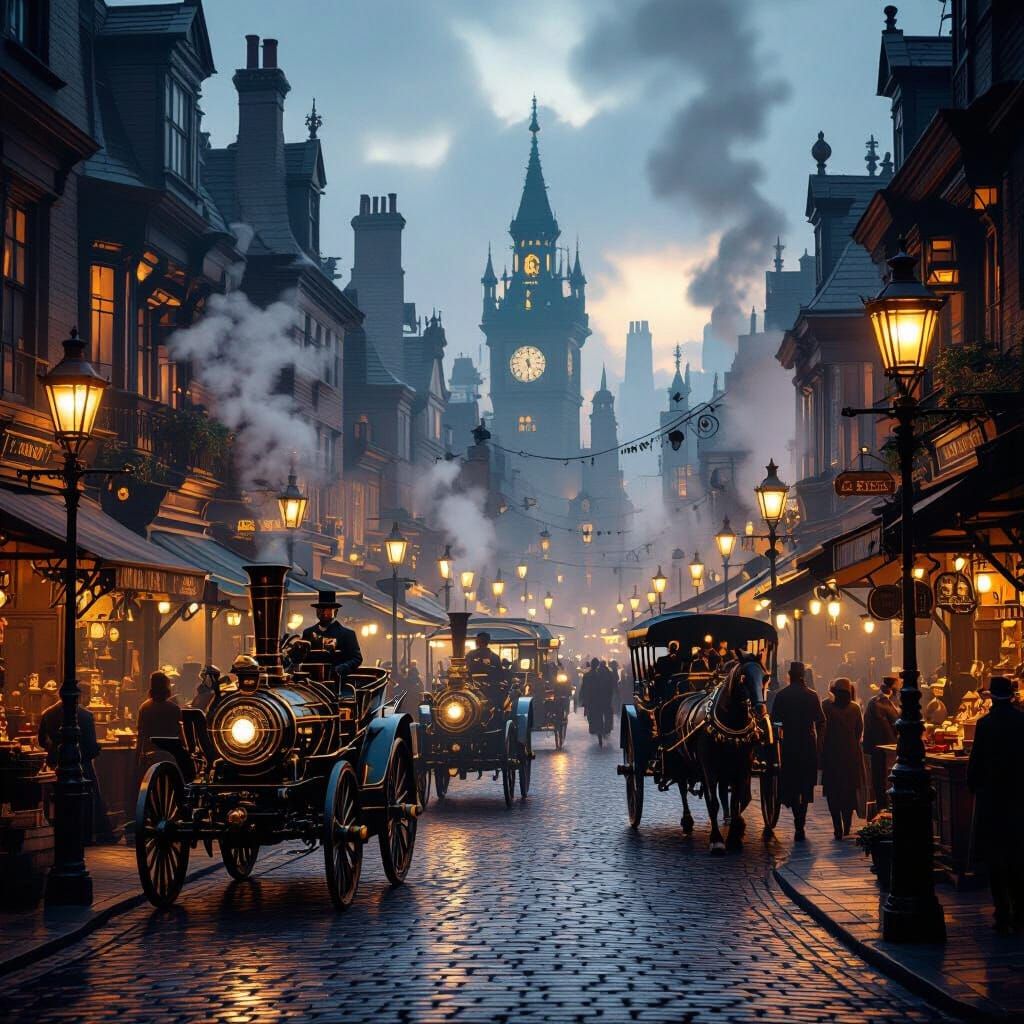 Steampunk Victorian Street Market at Dusk