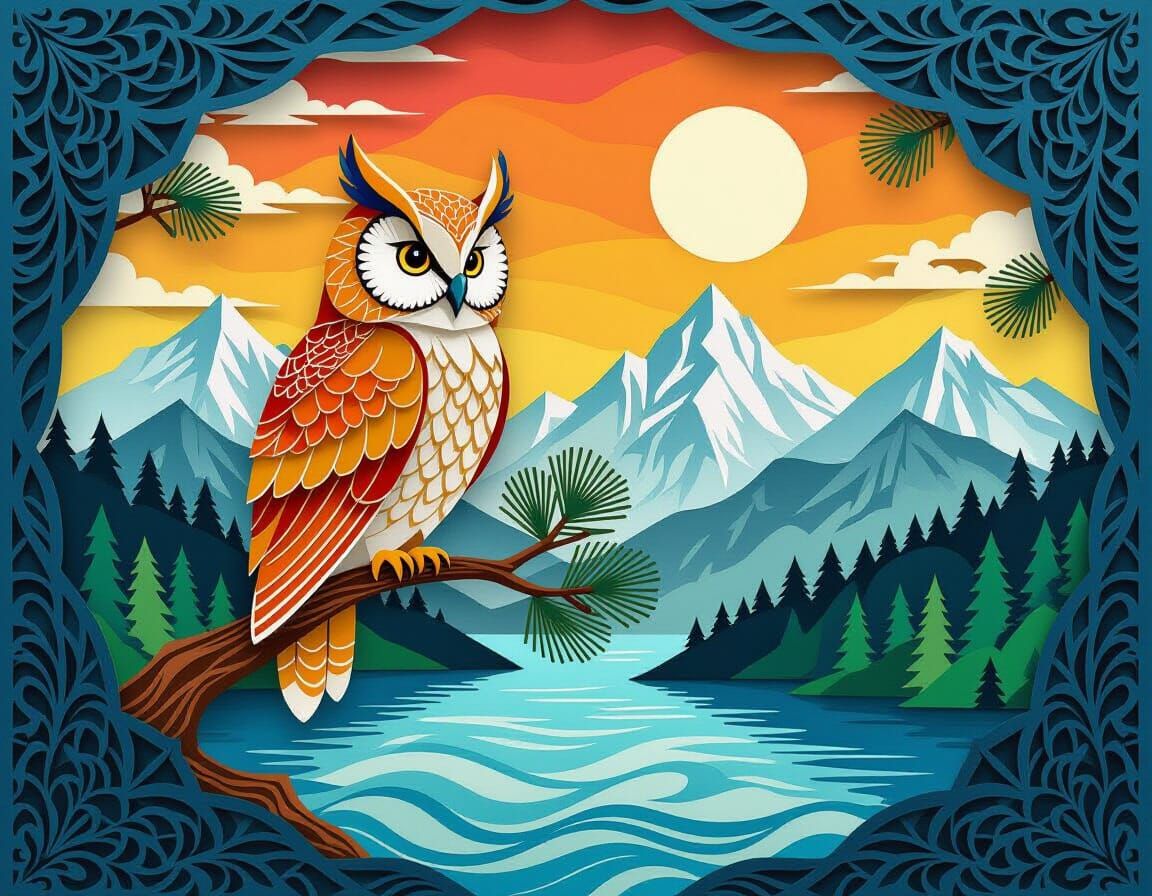 Detailed Kirigami Owl on Pine Branch Over Lake