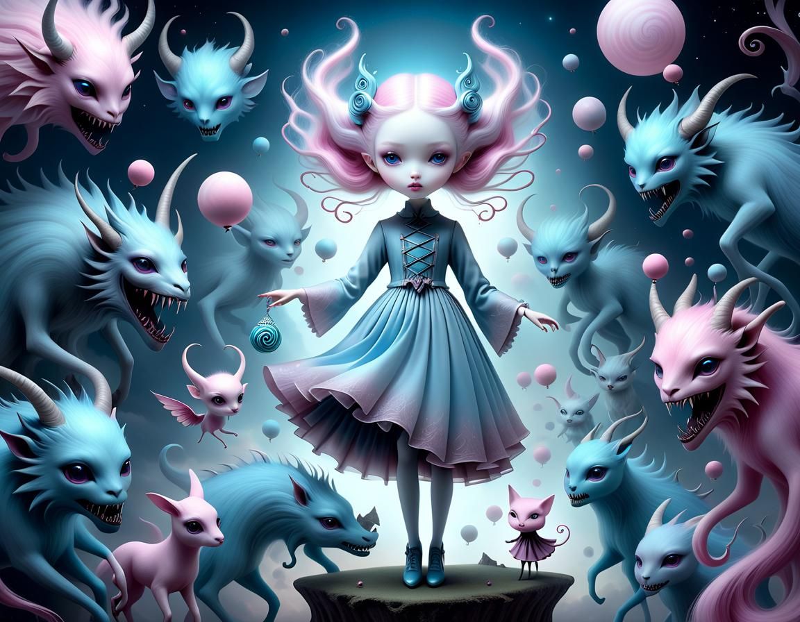 Ethereal Girl with Surreal Monsters in Ukiyo-e Style