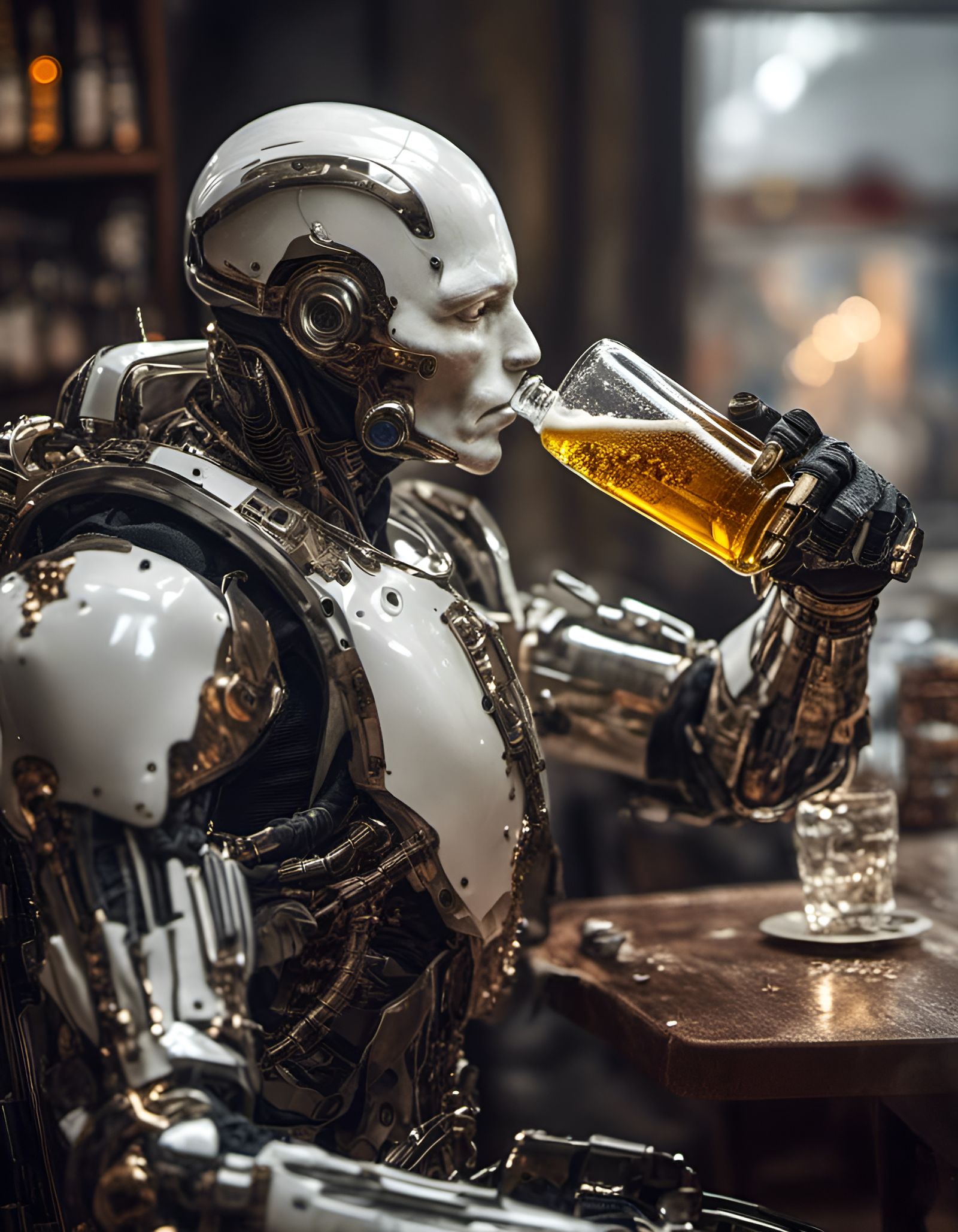 Android Cyborg Enjoying Beer, Hyper-Realistic Digital Art