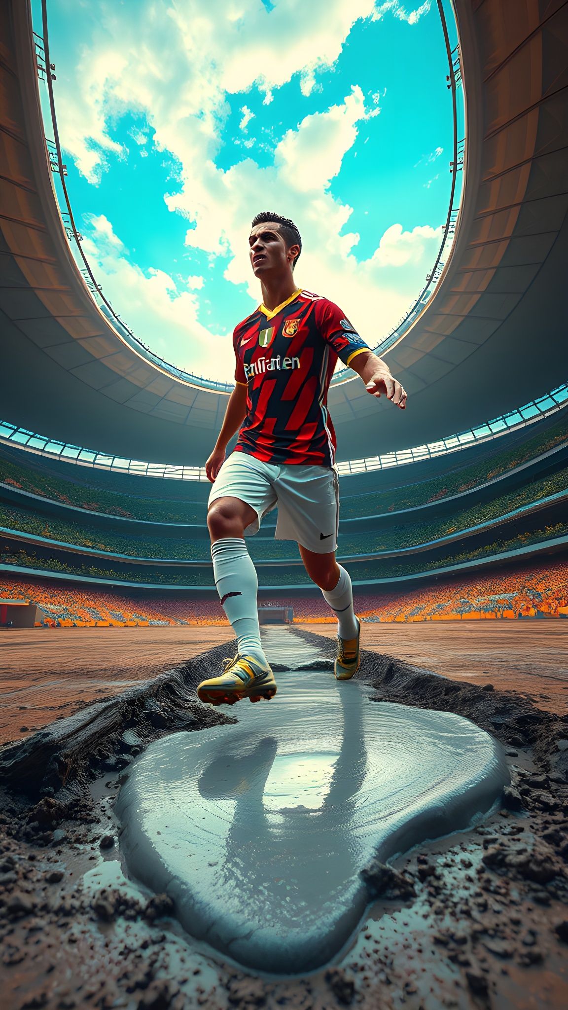 Ronaldo's Cement Mishap in Futuristic Stadium