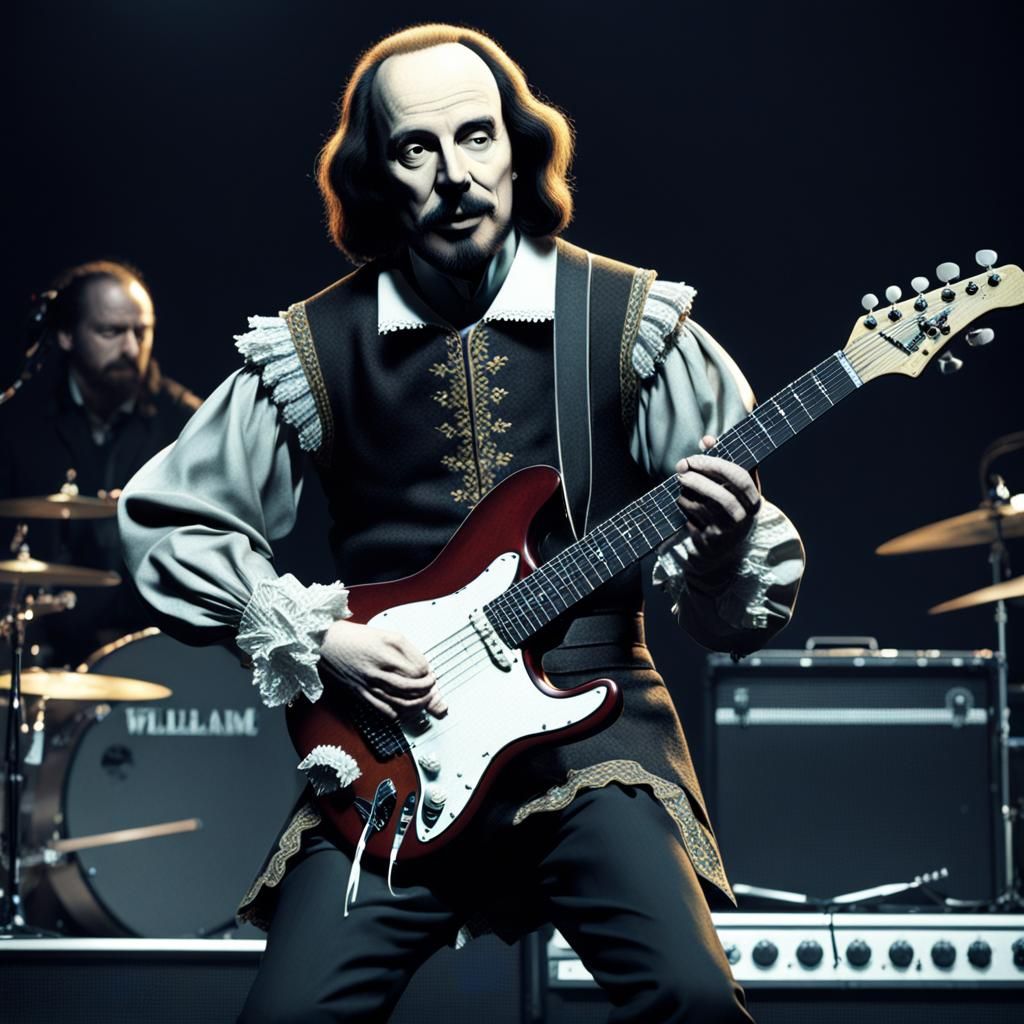 William Shakespeare  plays the electric guitar in a rock ban...