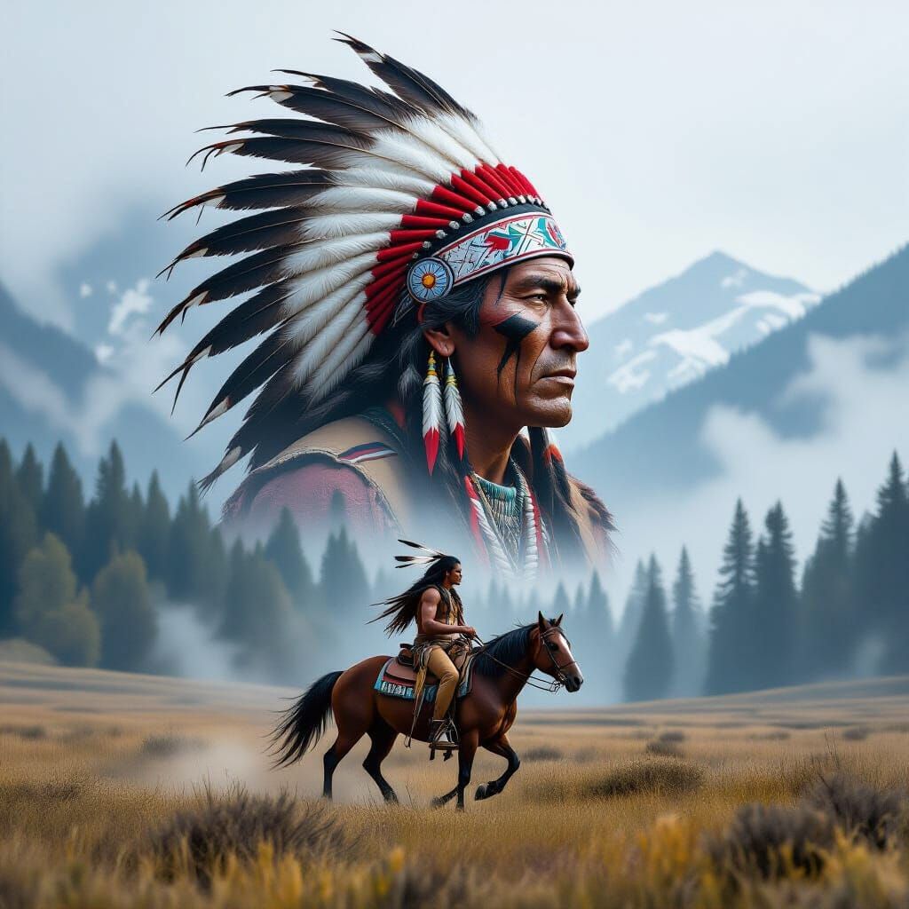 Native American Warrior Rides Across Windswept Plain
