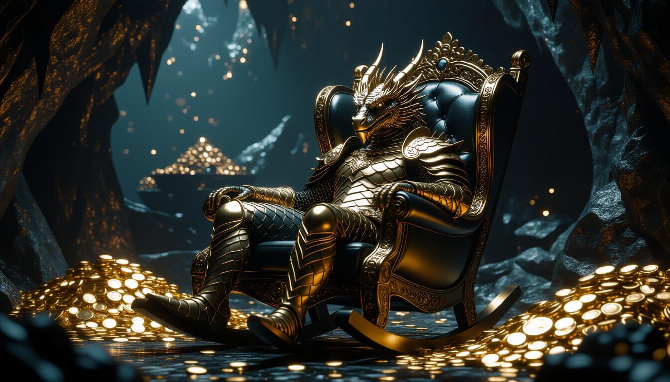 Bronze Dragon Lounging in Obsidian Chair, Dark Fantasy Art