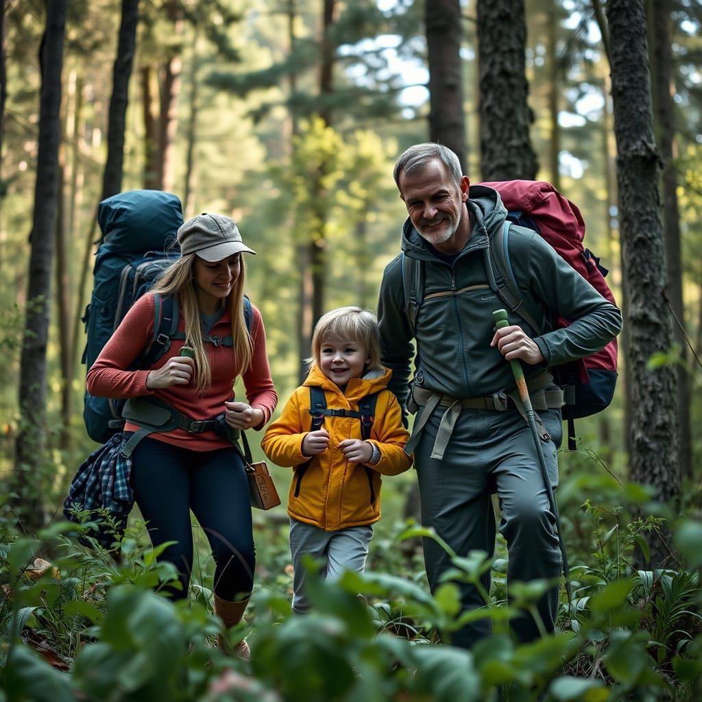 Family Hiking in Lush Woods: Hyperrealistic Photography