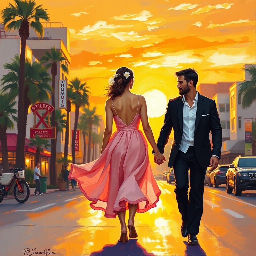 Couple walking along sunset Boulevard