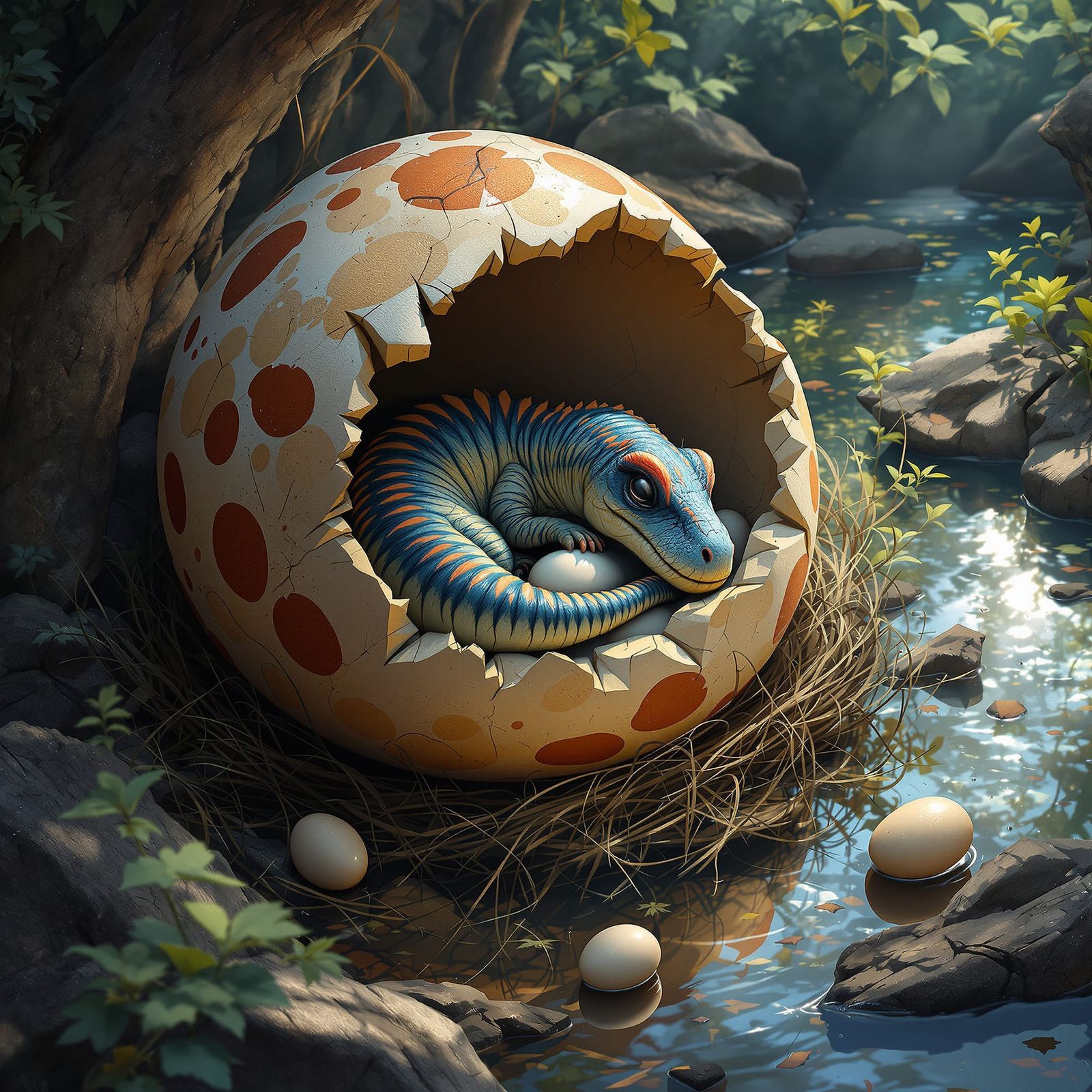 Tiny Parasaurolophus Dinosaur Sleeps in Broken Egg Nest