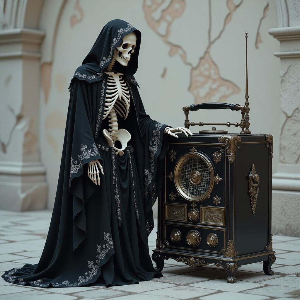 Gothic Skeleton with Antique Radio