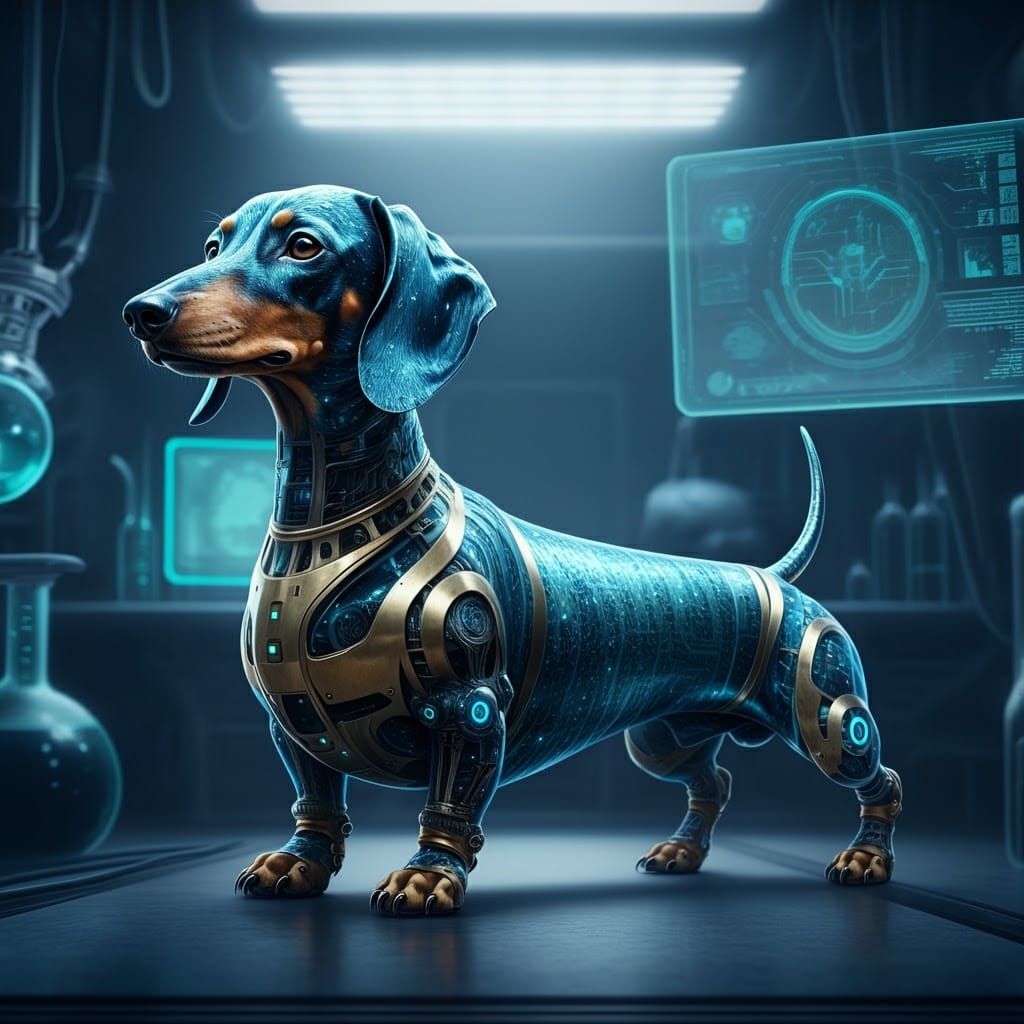Robotic Dachshund with Iridescent Scales in High-Tech Lab