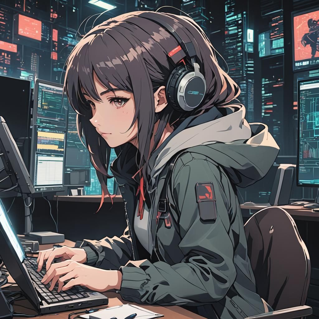 Anime Girl Hacker in Manga Scan Style
