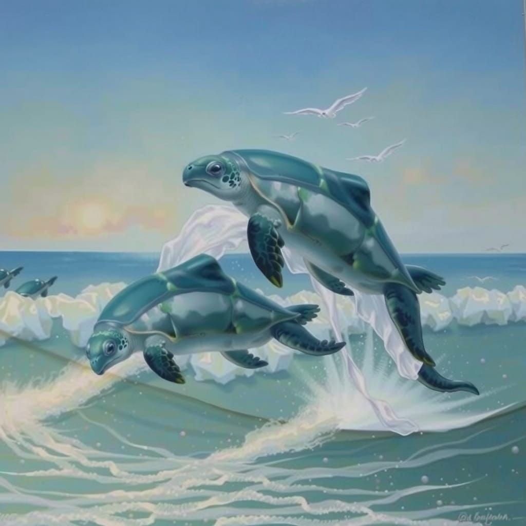 Sea Turtles Amidst Whimsical Jewels in Iridescent Shells