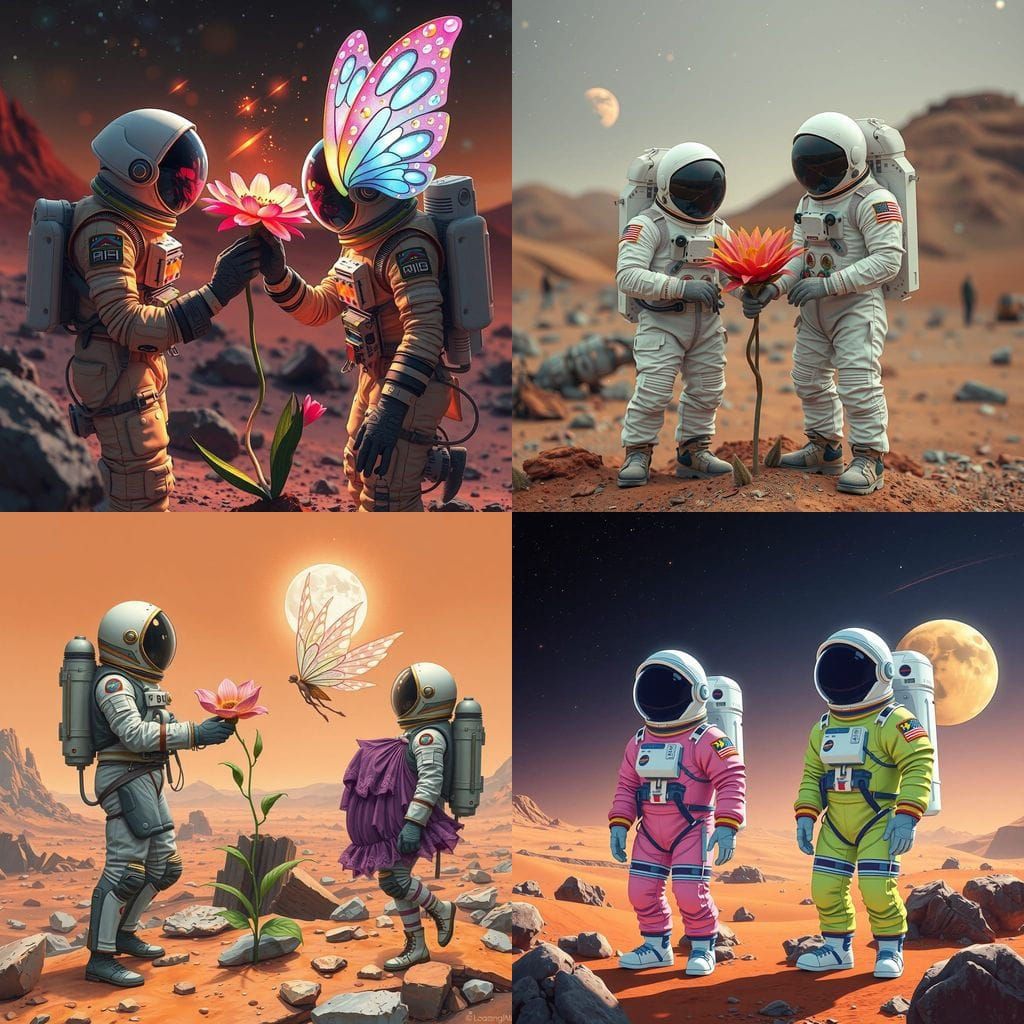 Astronaut on Mars Giving Flower to Fairy