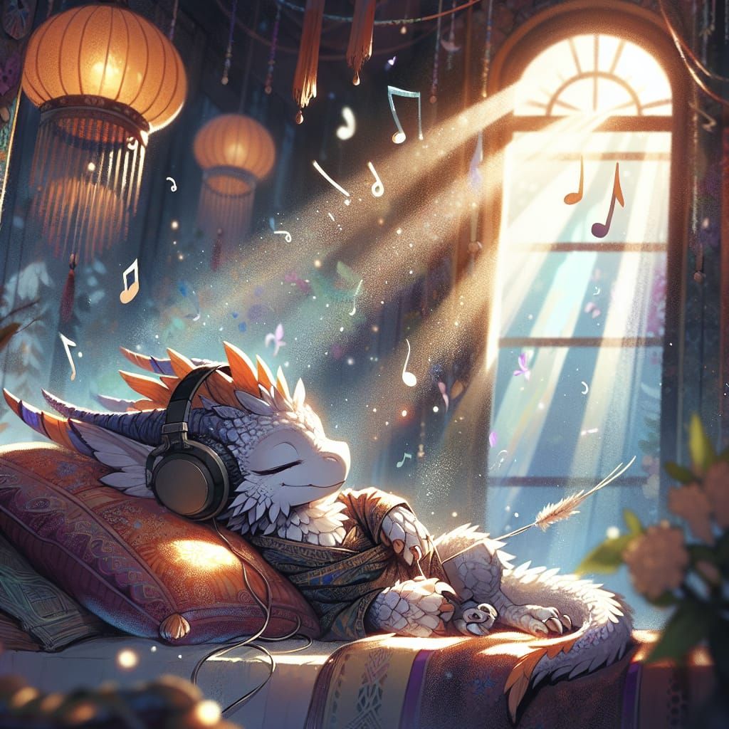 Anthropomorphic Dragon Girl Listening to Music in Anime Styl...