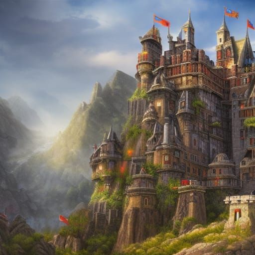 Aztec-European Castle with Vulture Statue: Fantasy Art