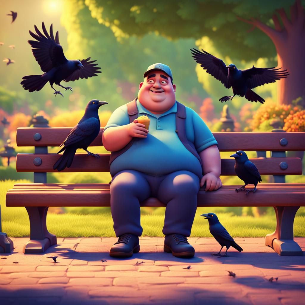Man Feeding Crows: Pixar-Style 3D Render