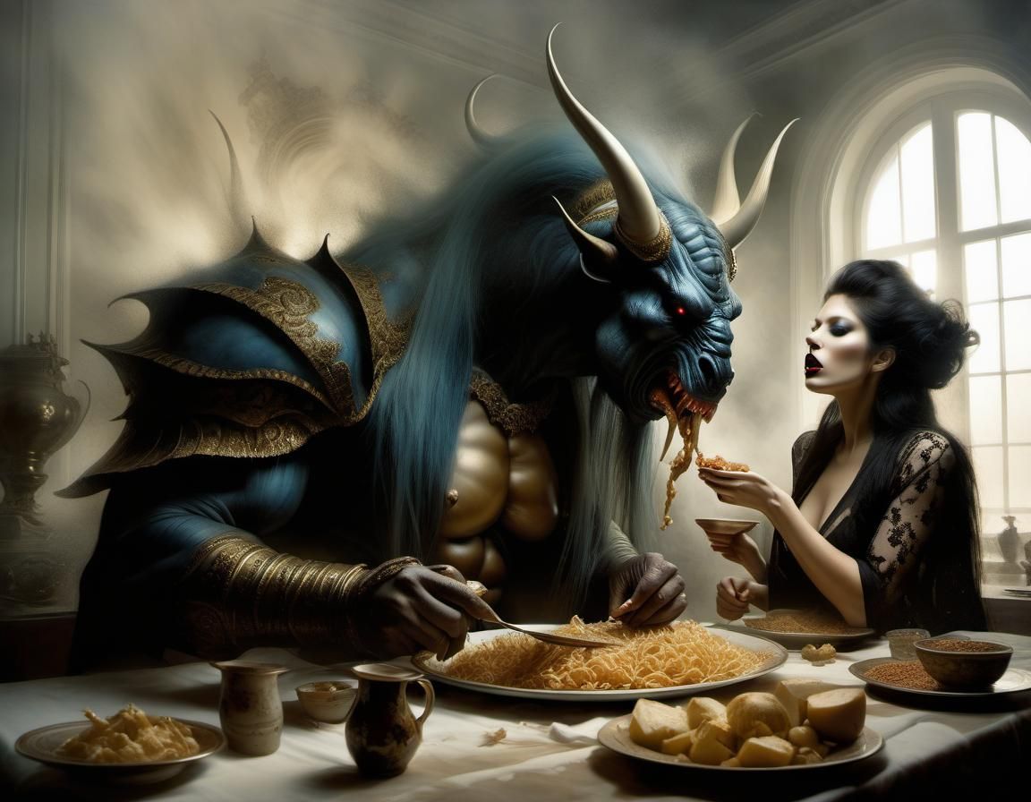 Monstrous Giant Being Fed: Stylized Watercolor Art