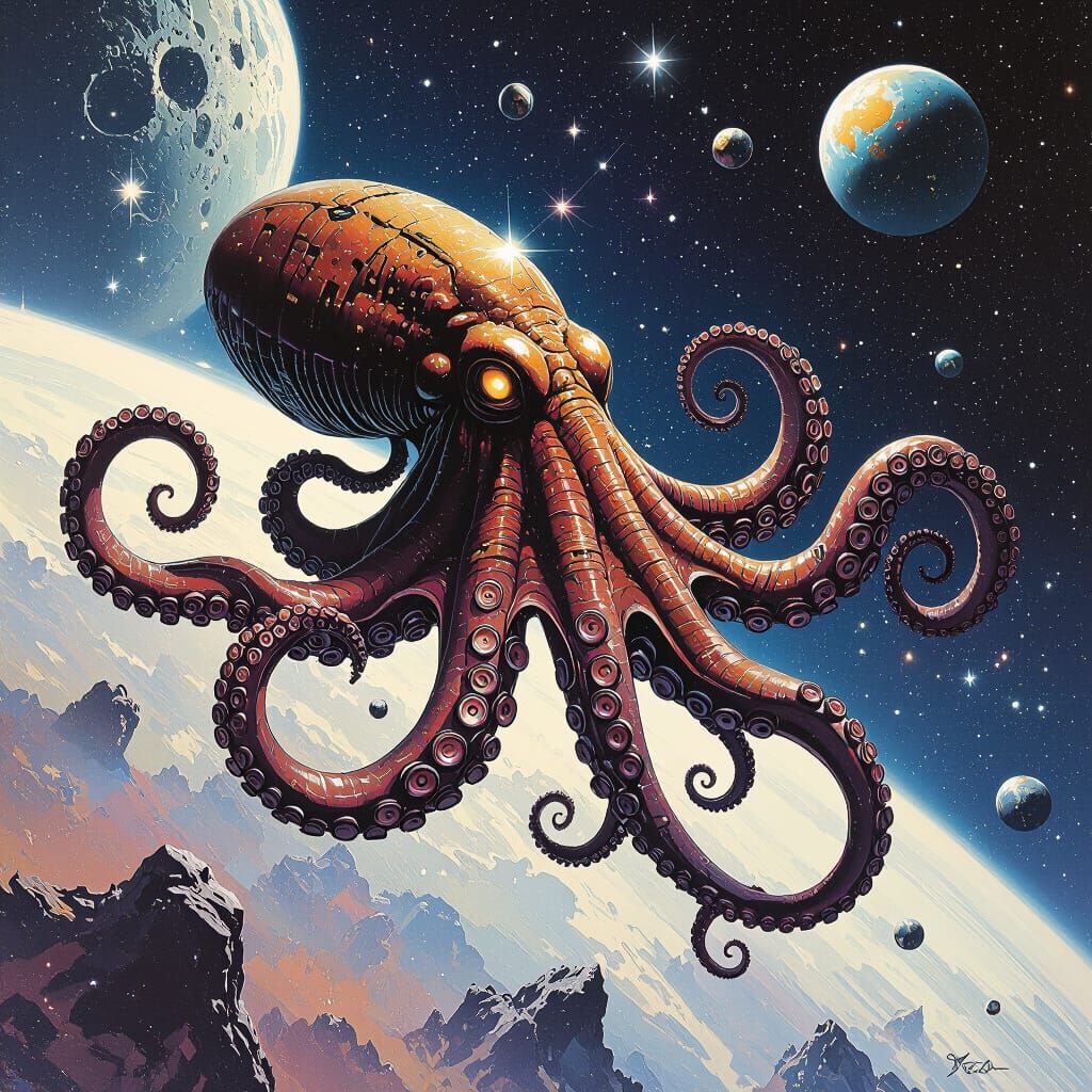 Cosmic Kraken Among the Stars in a Sci-Fi Style