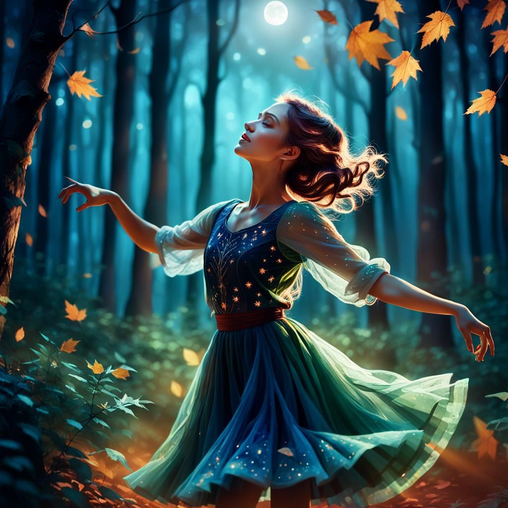 Woman Dancing in Moonlit Forest Photography